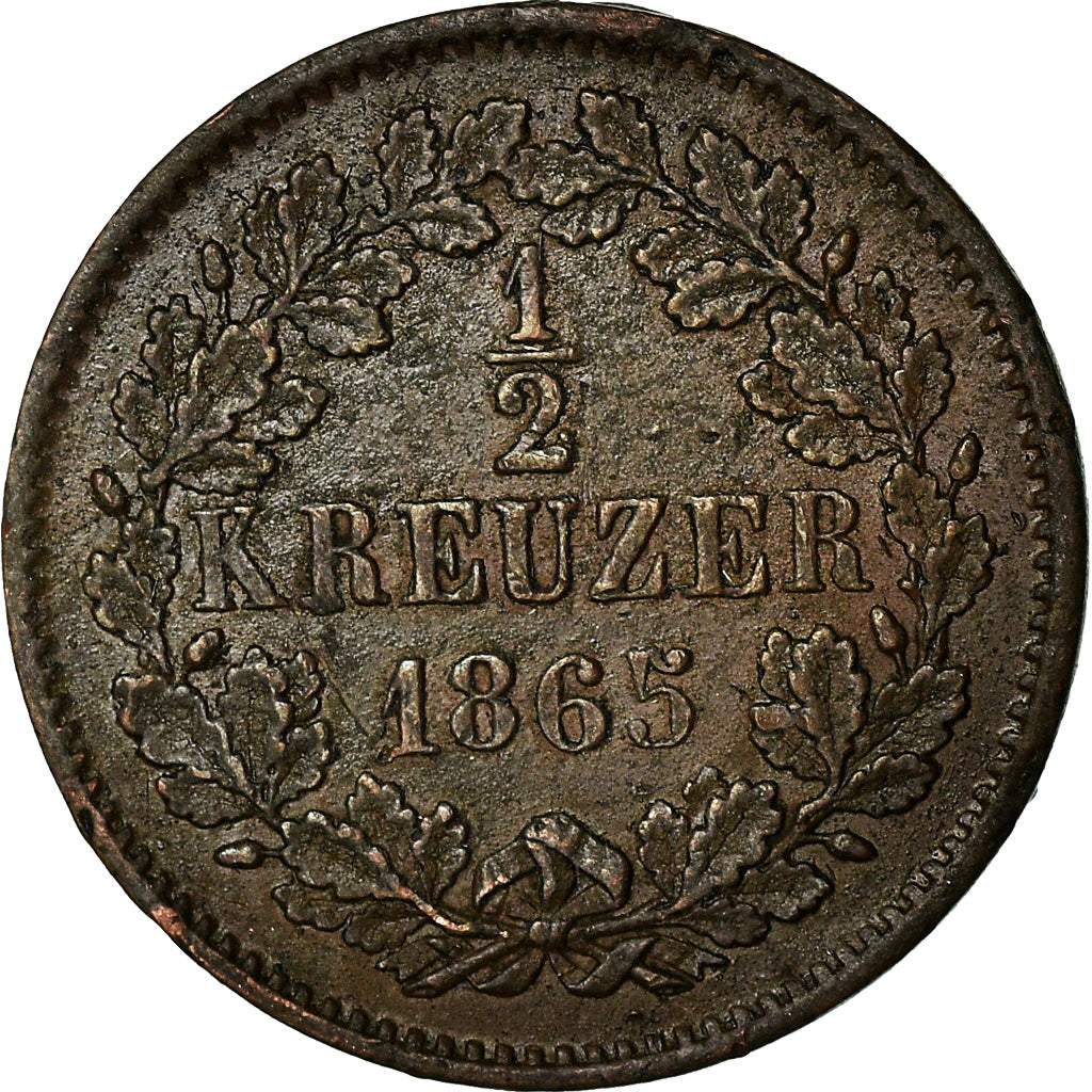 Coin, German States, BADEN, Friedrich I, 1/2 Kreuzer, 1865, EF(40-45), Copper