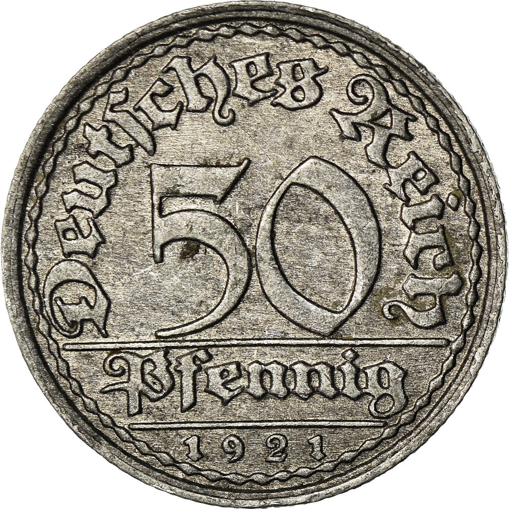 Coin, GERMANY, WEIMAR REPUBLIC, 50 Pfennig, 1921, Stuttgart, AU(55-58)