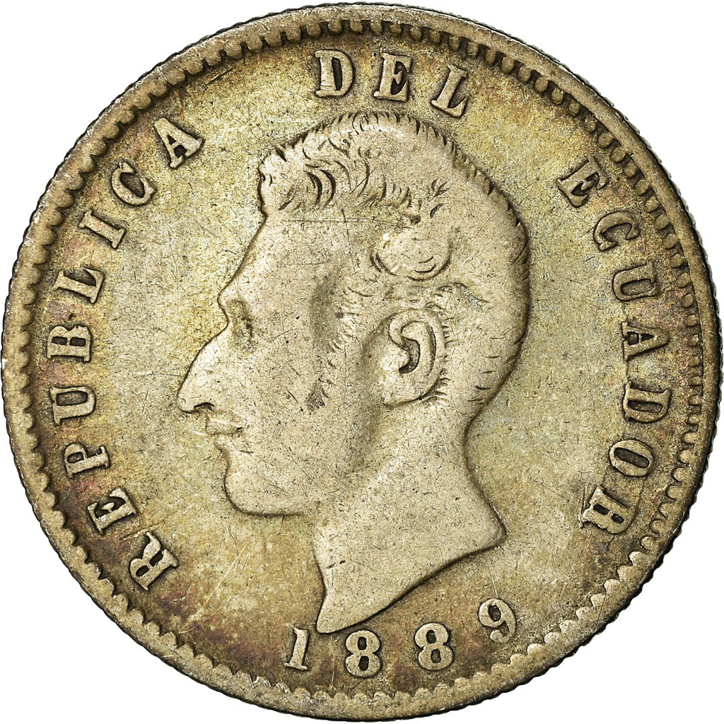 Moneda, Ecuador, 2 Decimos, Dos, 1889, Santiago, BC+, Plata, KM:51.2