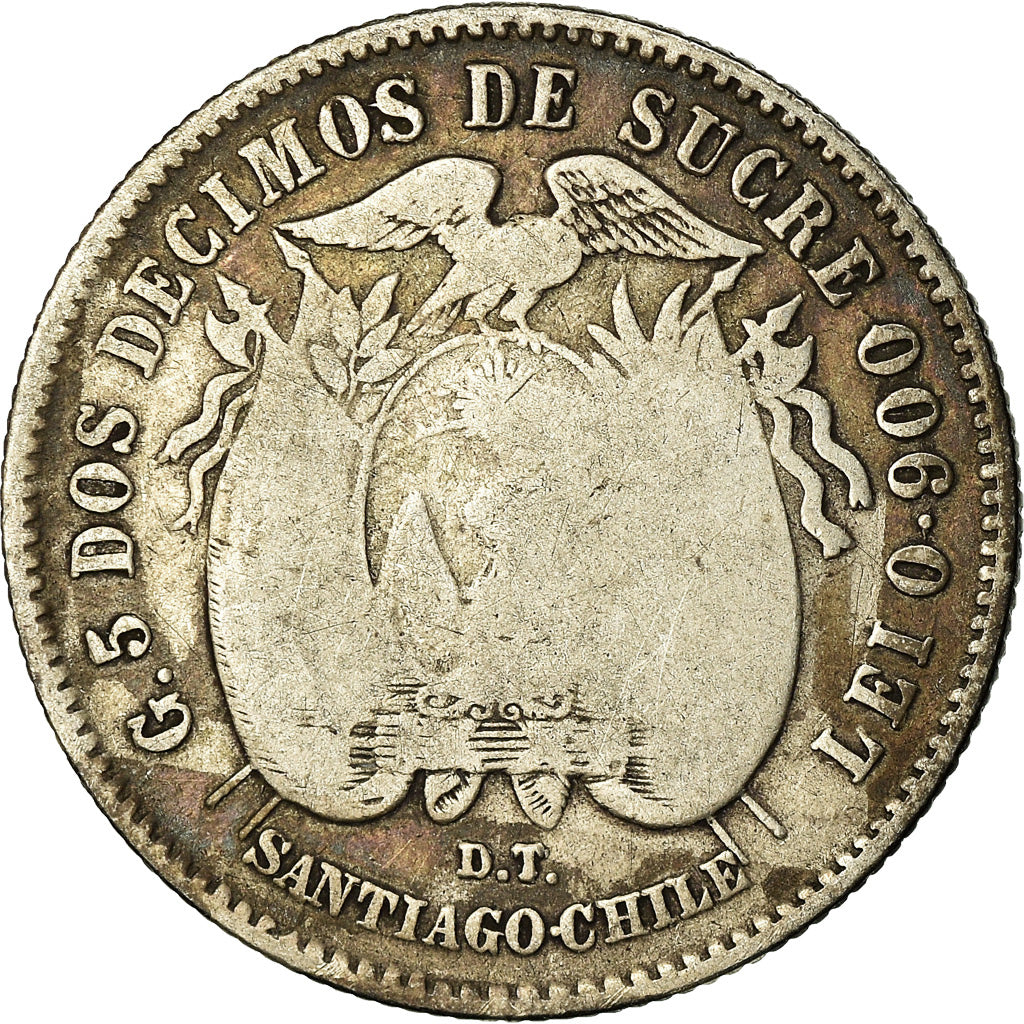 Moneda, Ecuador, 2 Decimos, Dos, 1889, Santiago, BC+, Plata, KM:51.2