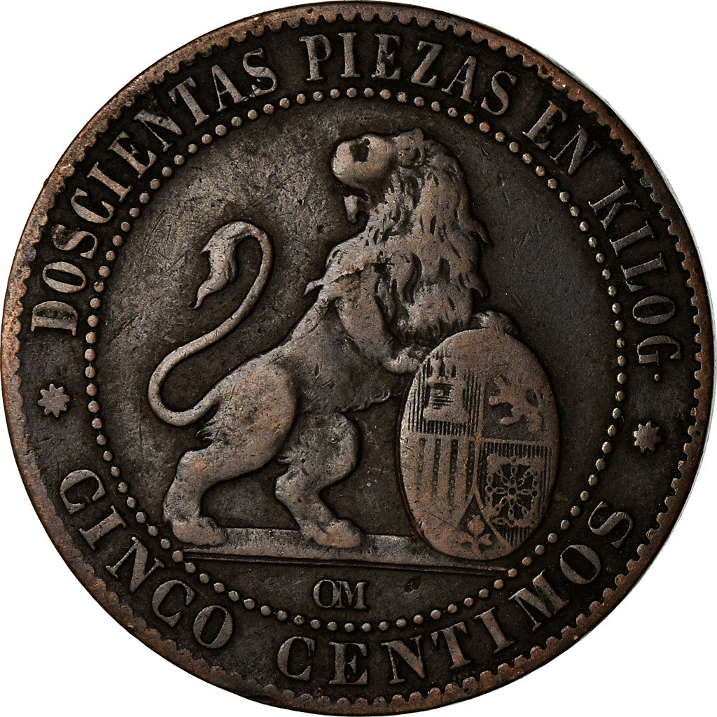 Moneda, España, Provisional Government, 5 Centimos, 1870, Madrid, BC, Cobre