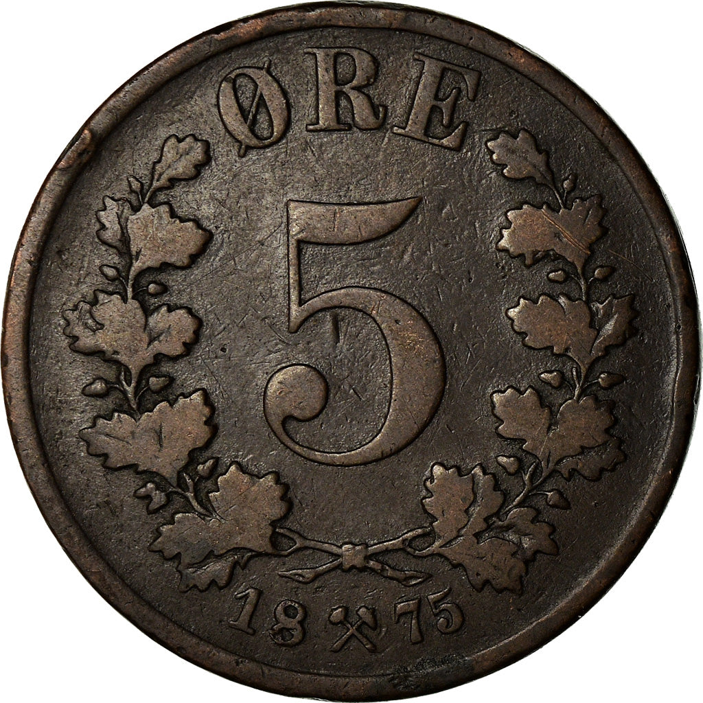 Moneda, Noruega, 5 Öre, 1875, BC+, Bronce, KM:349