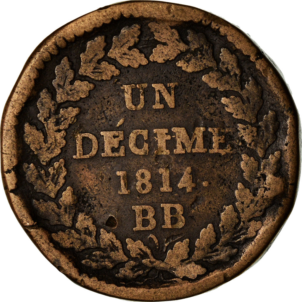 Münze, Frankreich, Napoléon I, Decime, 1814, Strasbourg, SGE+, Bronze, KM:700