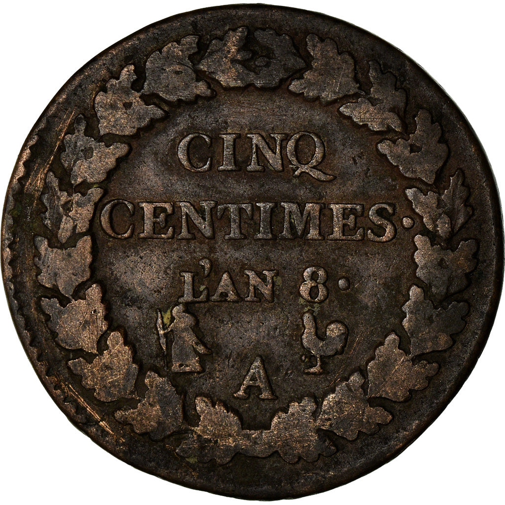 Munten, Frankrijk, Dupré, 5 Centimes, AN 8, Paris, ZG+, Bronze, KM:640.1