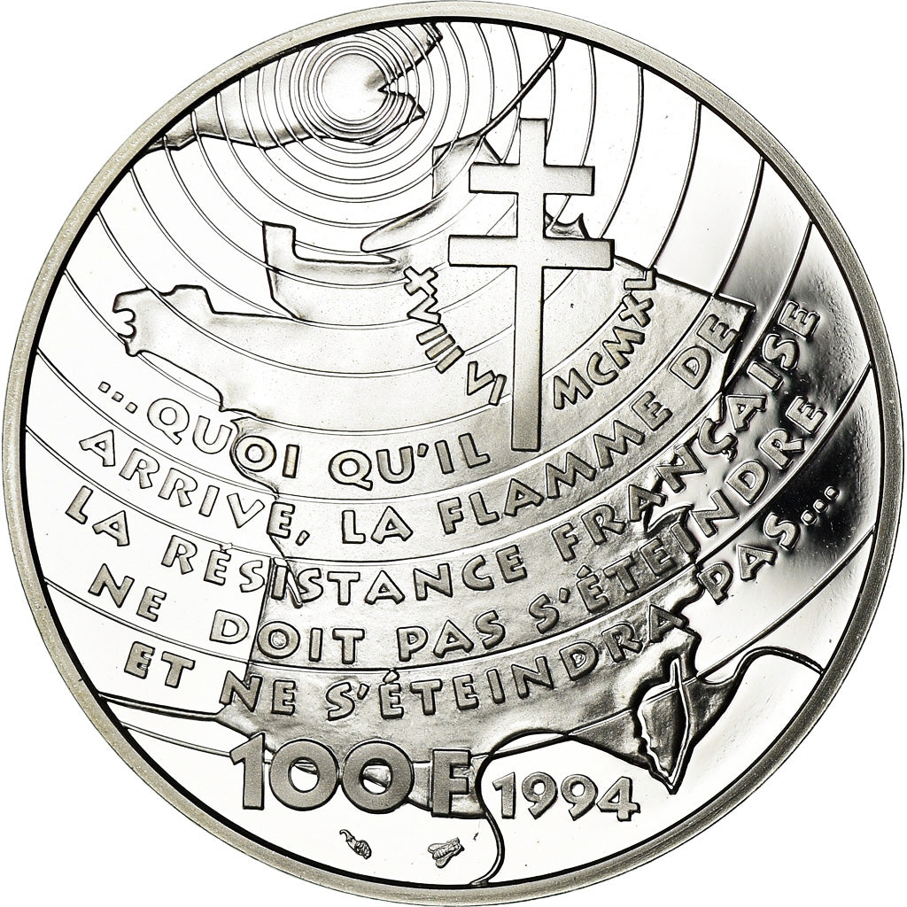 Monnaie, France, Appel du 18 juin 1940, 100 Francs, 1994, BE, FDC, Argent