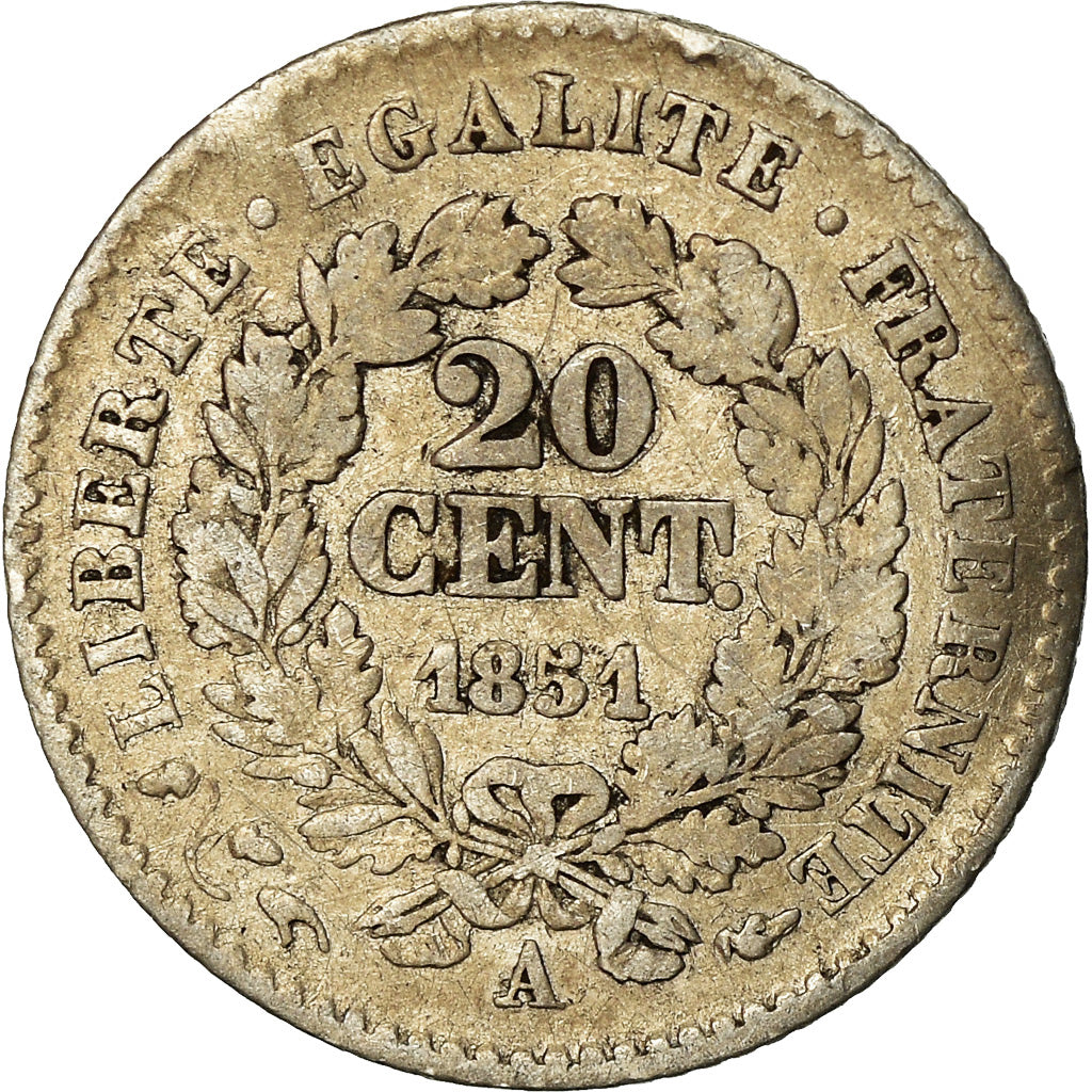 Moeda, França, Cérès, 20 Centimes, 1851, Paris, VF(30-35), Prata, KM:758.1