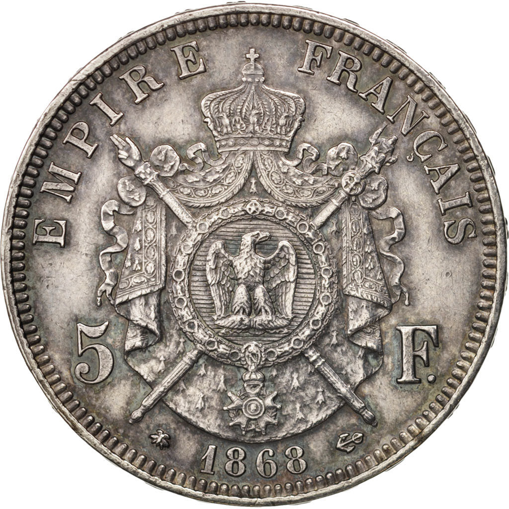 France, Napoleon III,5 Francs,1868,Paris,AU(50-53), Silver,KM 799.1,Gadoury 739