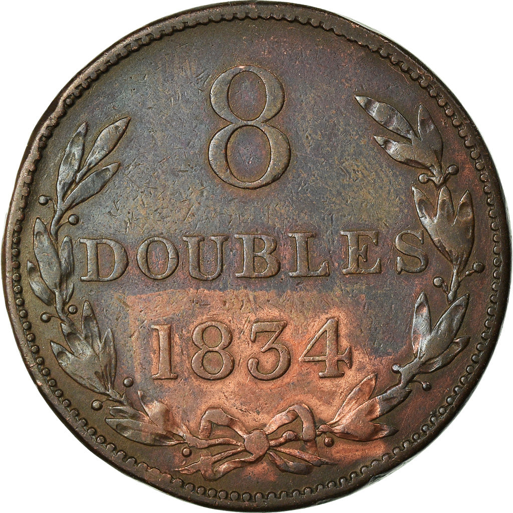 Coin, Guernsey, 8 Doubles, 1834, Heaton, VF(30-35), Copper, KM:3