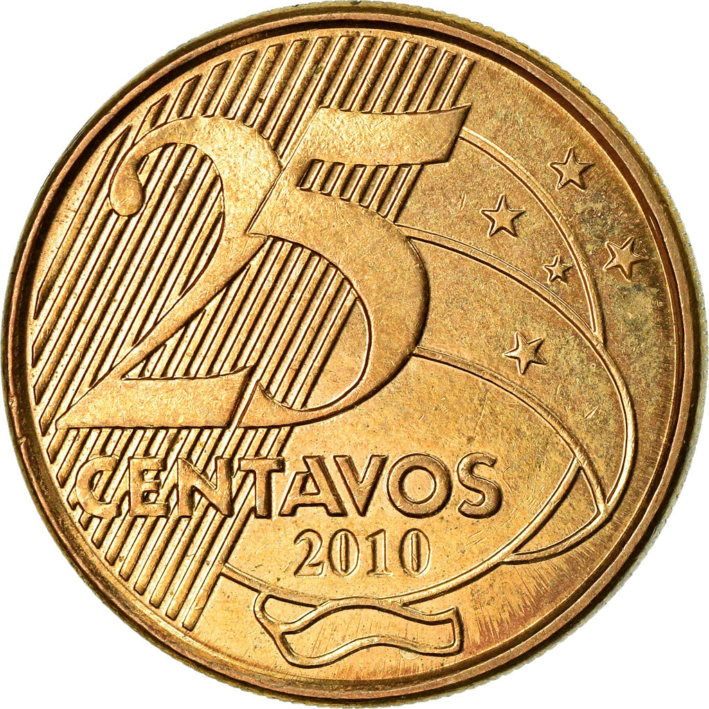 Coin, Brazil, 25 Centavos, 2010, MS(63), Bronze Plated Steel, KM:650