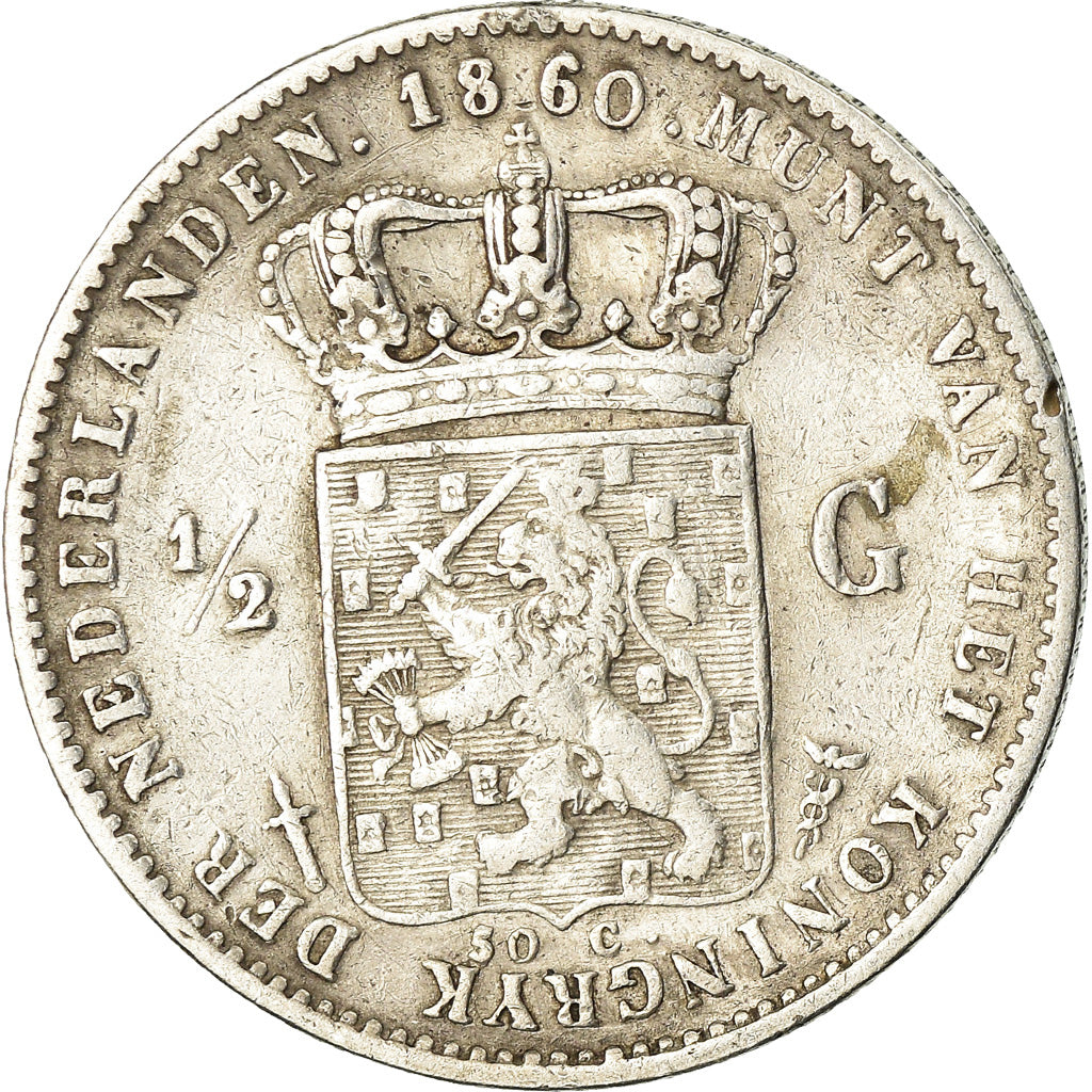 Coin, Netherlands, William III, 1/2 Gulden, 1860, VF(30-35), Silver, KM:92