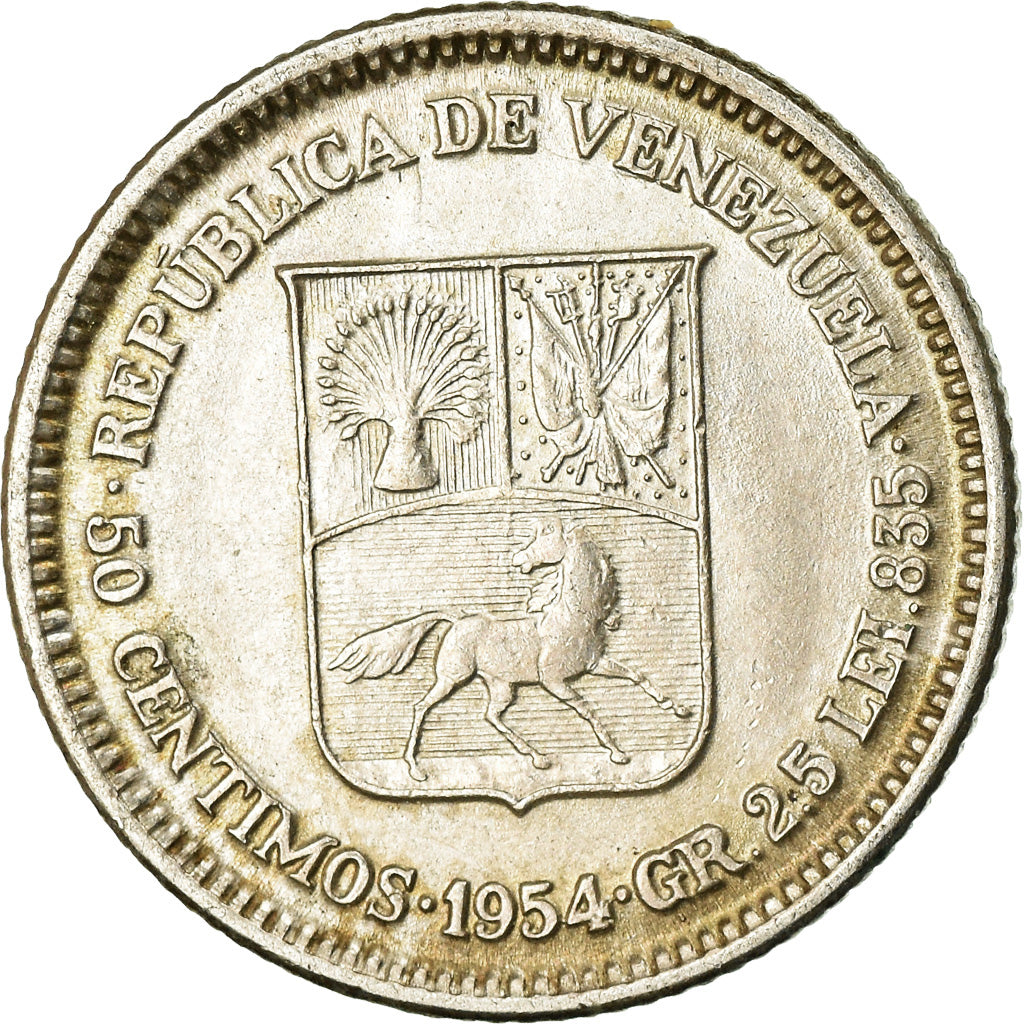 Coin, Venezuela, 50 Centimos, 1954, Philadelphia, AU(55-58), Silver, KM:36