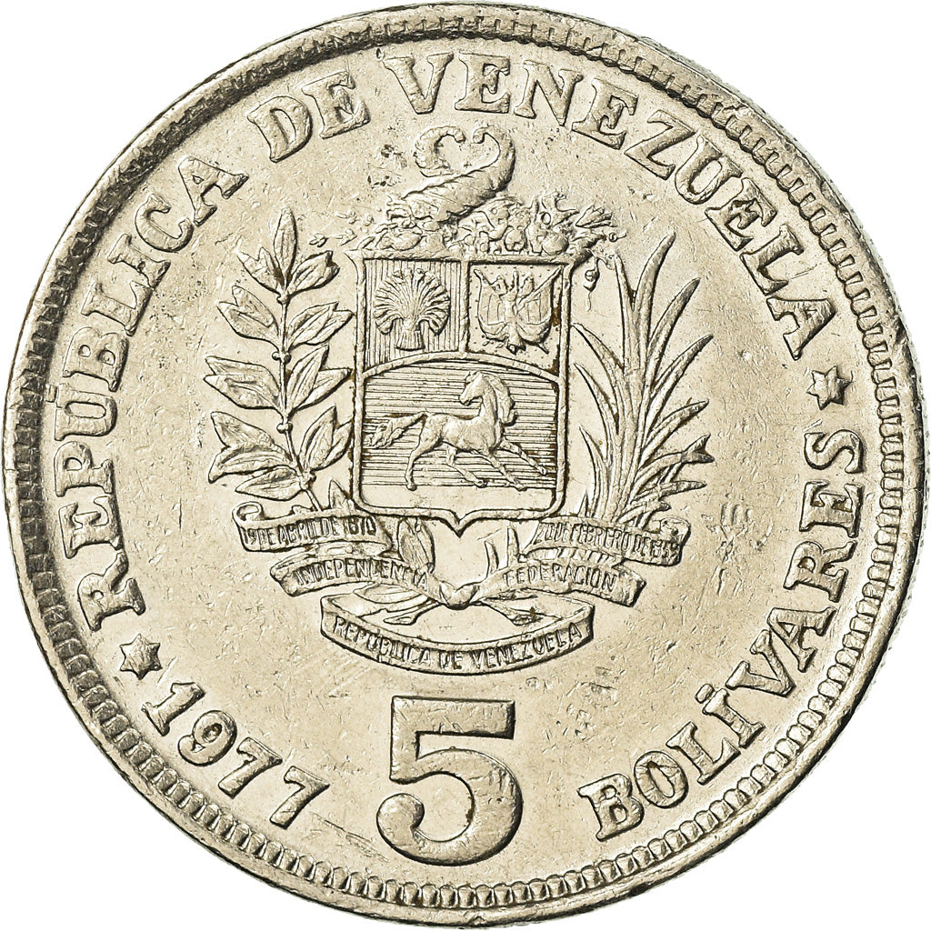 Moeda, Venezuela, 5 Bolivares, 1977, AU(55-58), Níquel, KM:53.1