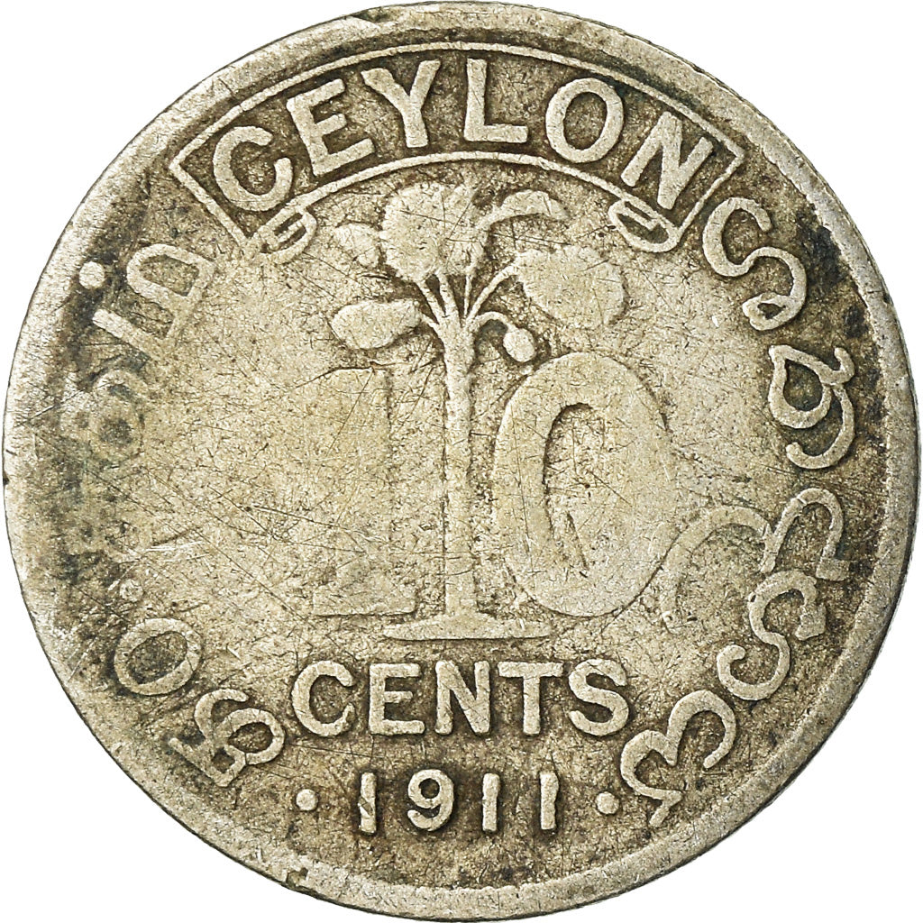 Coin, Ceylon, George V, 10 Cents, 1911, F(12-15), Silver, KM:104