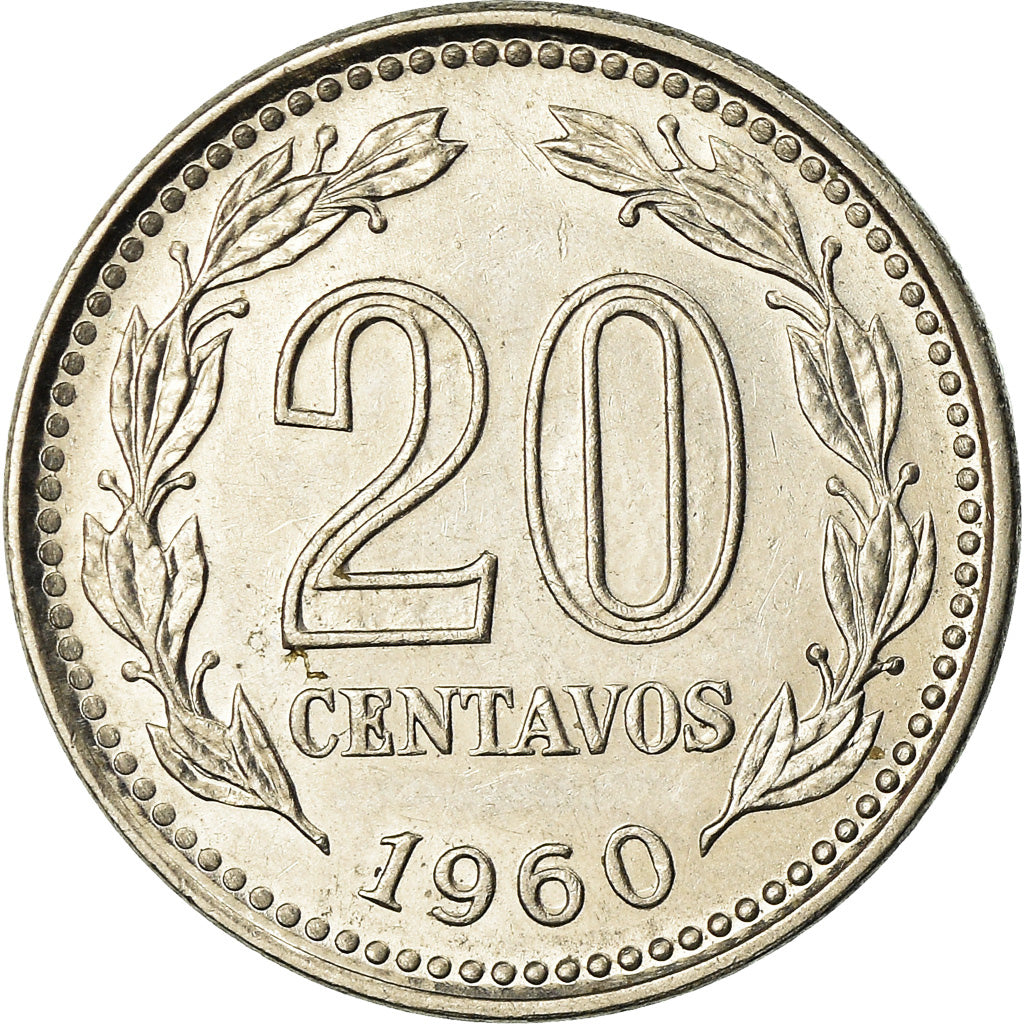Coin, Argentina, 20 Centavos, 1960, MS(60-62), Nickel Clad Steel, KM:55