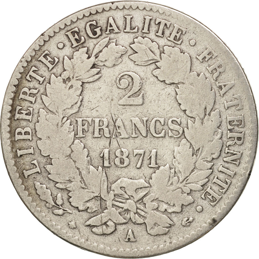 France, Cérès, 2 Francs, 1871, Paris, VF(30-35), Silver, KM:817.1, Gadoury:530