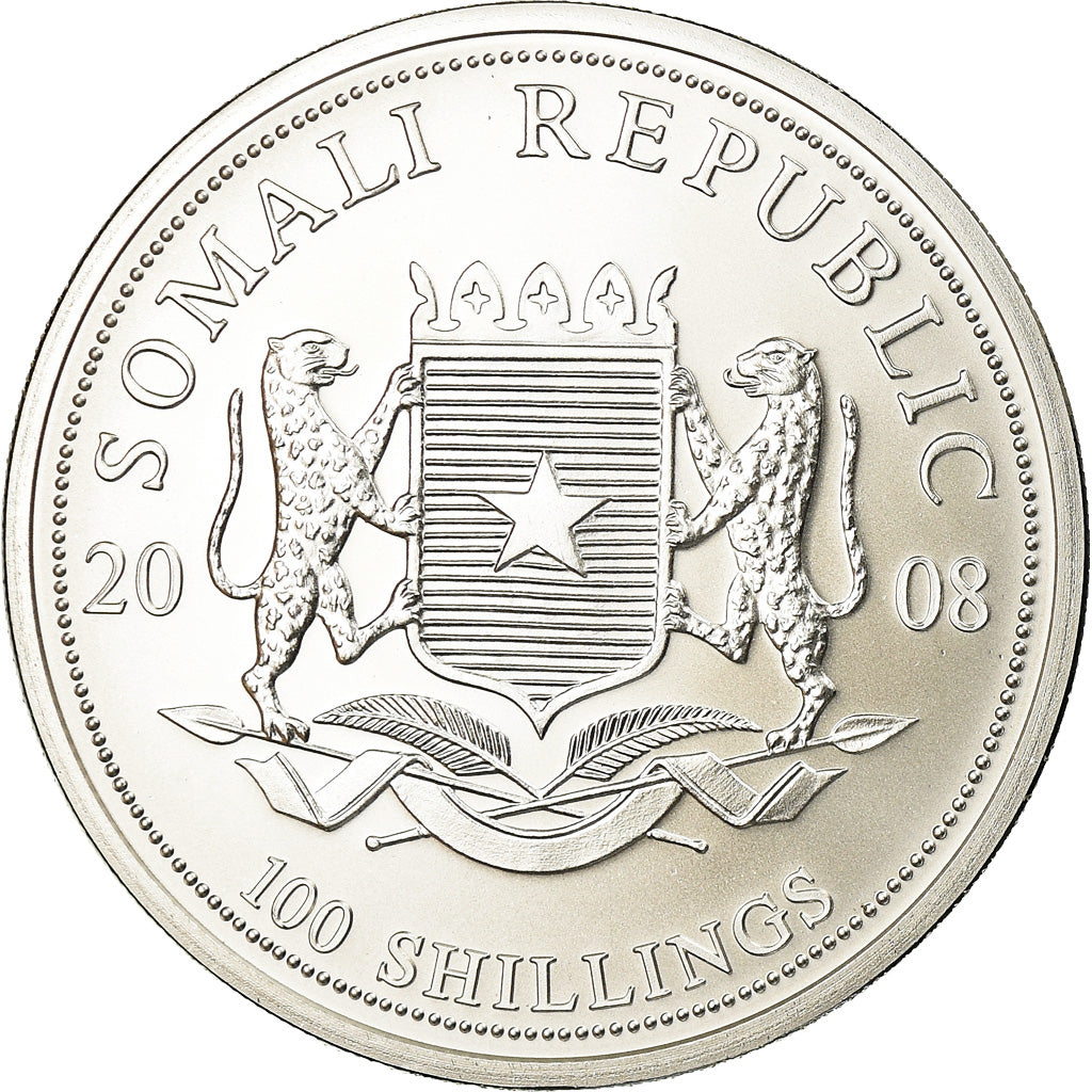 Coin, Somalia, Elephant, 100 Shillings, 2008, MS(65-70), Silver, KM:203