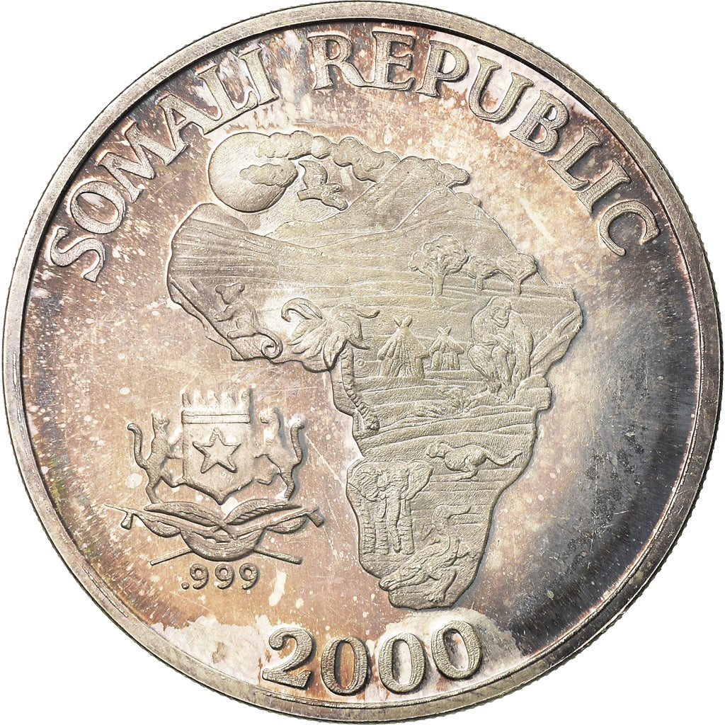 Moneta, Somalia, Monkey, 10 Dollars, 2000, AU(55-58), Srebro, KM:11