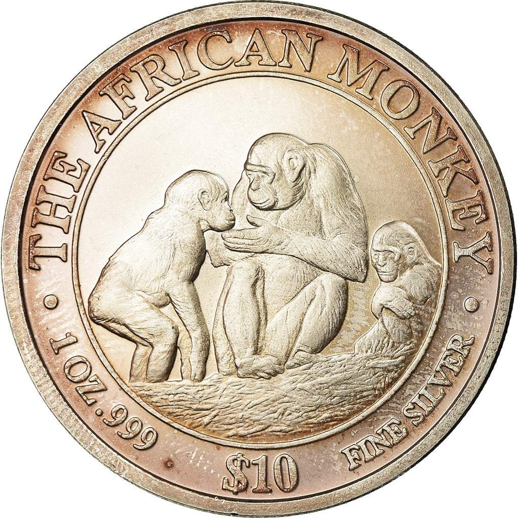 Coin, Somalia, Monkey, 10 Dollars, 2000, AU(55-58), Silver