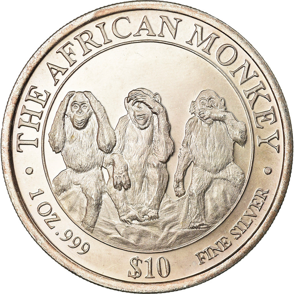 Moneta, Somalia, Monkey, 10 Dollars, 2001, AU(55-58), Srebro