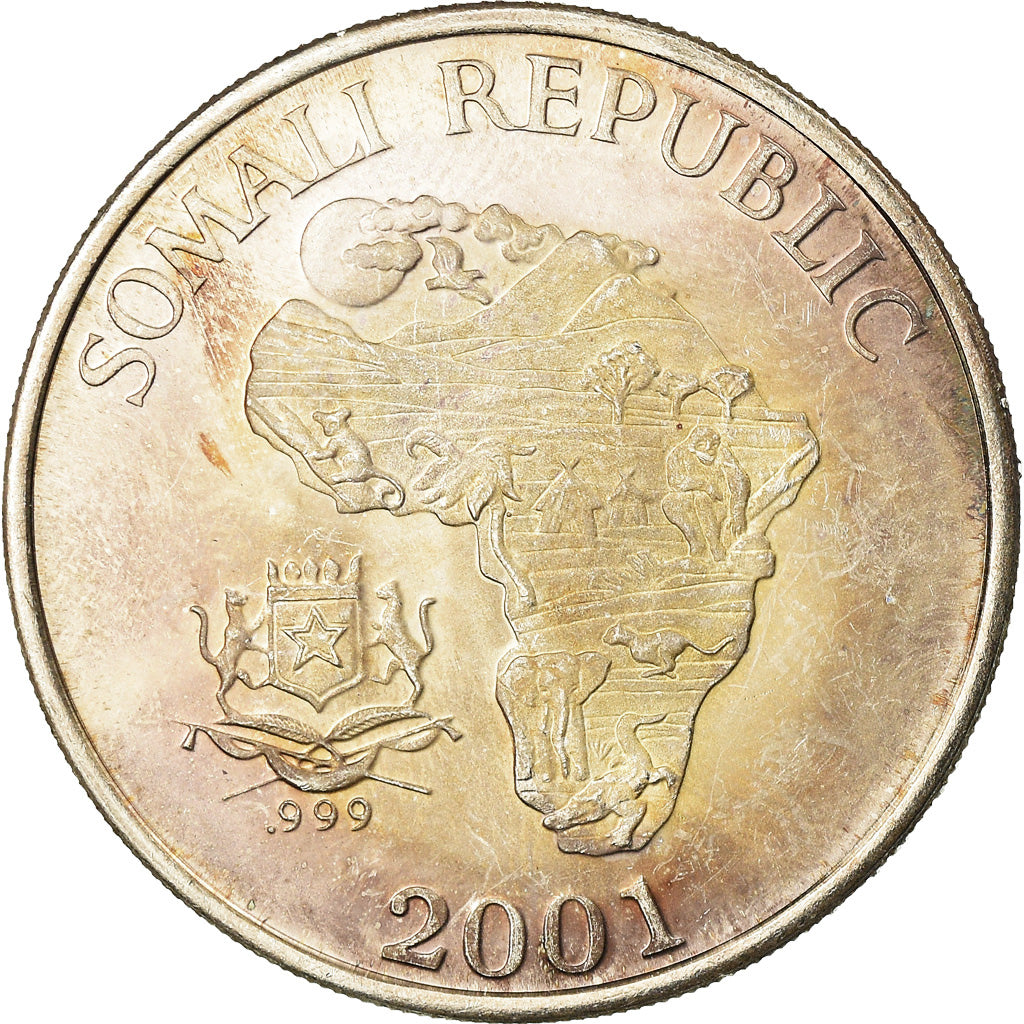 Moneta, Somalia, Monkey, 10 Dollars, 2001, AU(55-58), Srebro