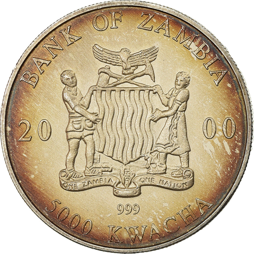 Coin, Zambia, 5000 Kwacha, 2000, British Royal Mint, AU(55-58), Silver, KM:141