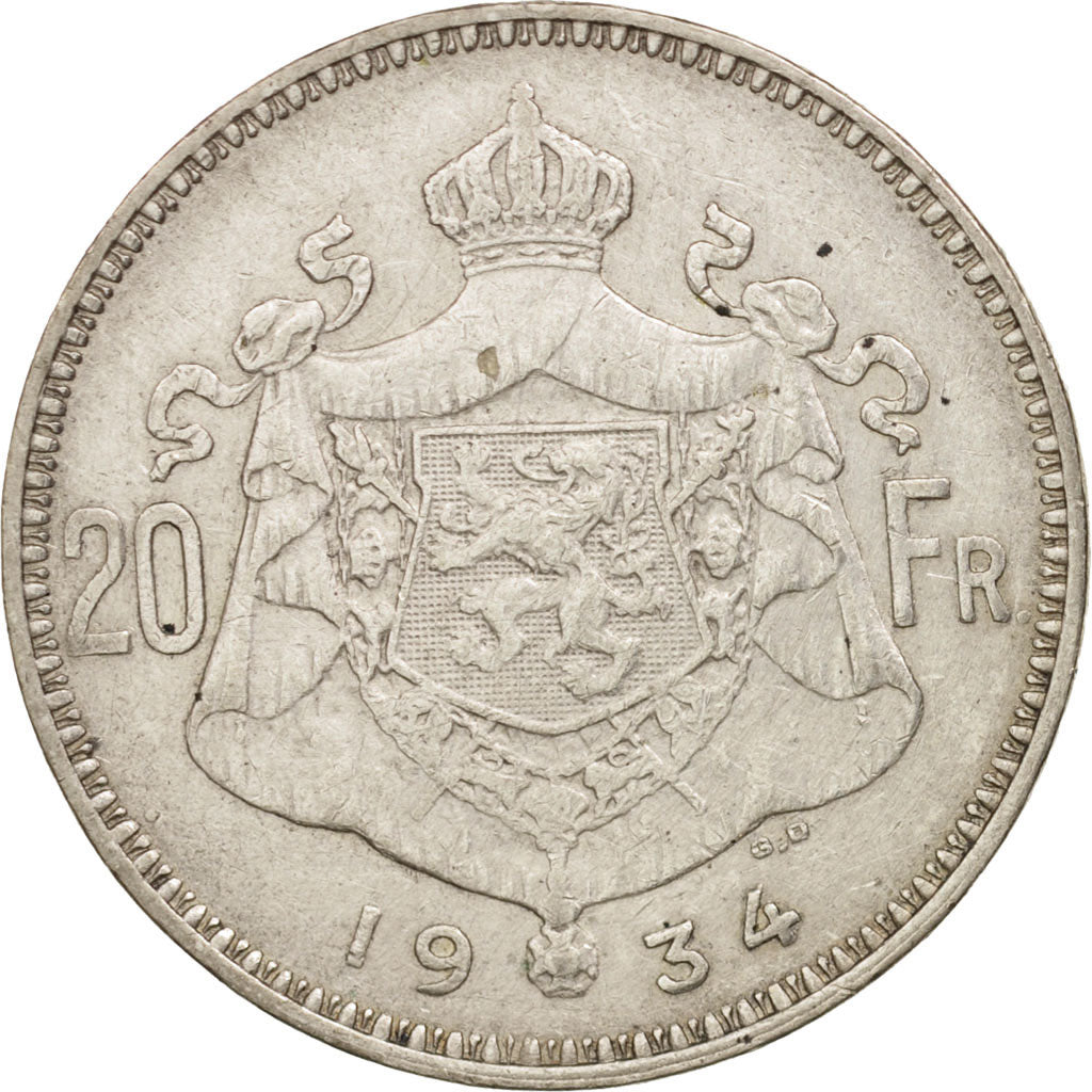 Coin, Belgium, 20 Francs, 20 Frank, 1934, EF(40-45), Silver, KM:104.1