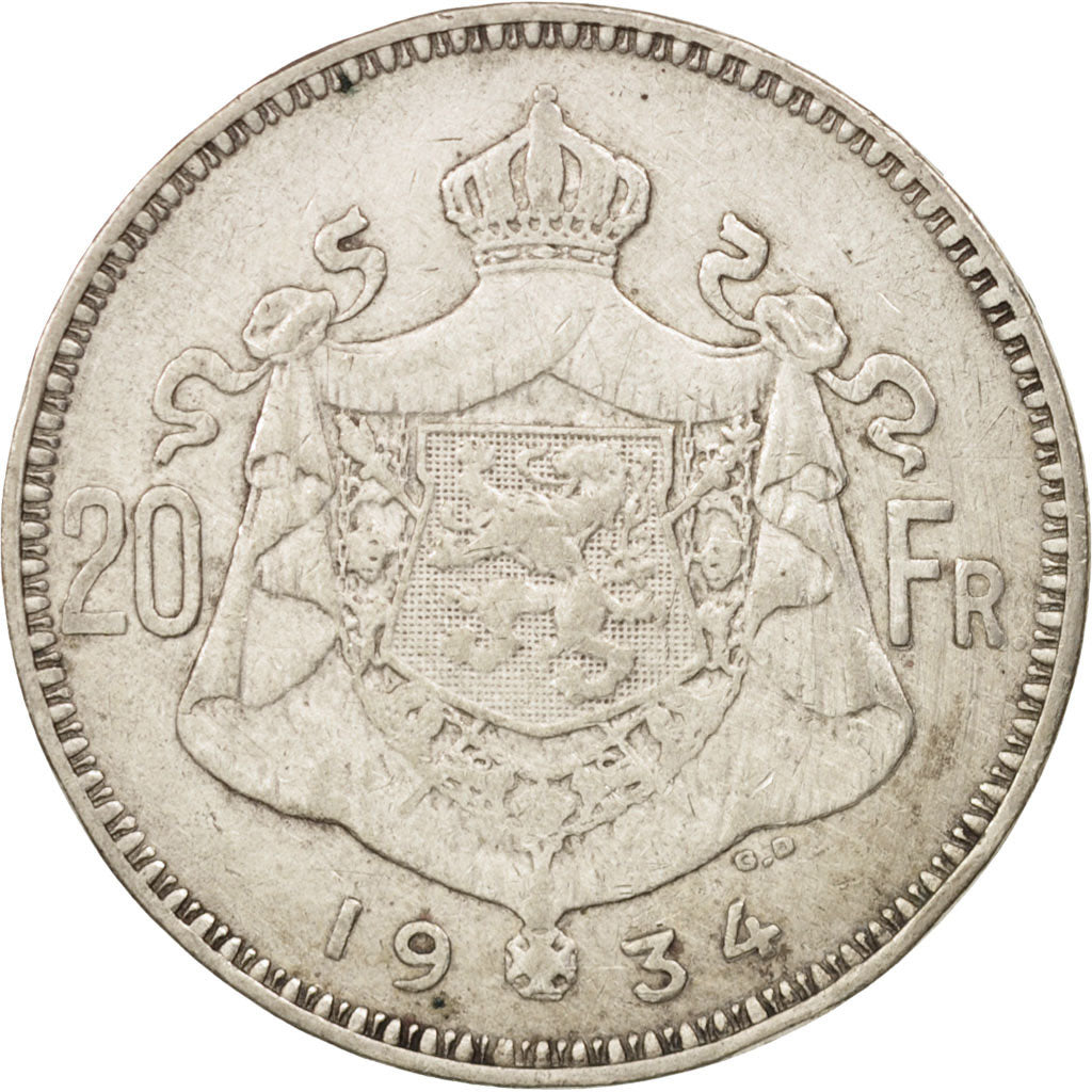 Belgium, 20 Francs, 20 Frank, 1934, EF(40-45), Silver, KM:104.1