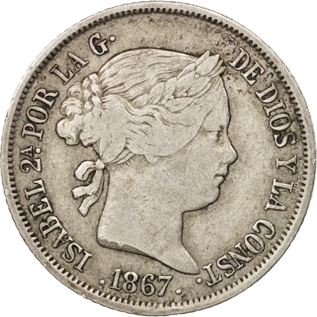 Spain, Isabel II, 40 Centimos, 1867, Cadiz, EF(40-45), Silver, KM:628.2