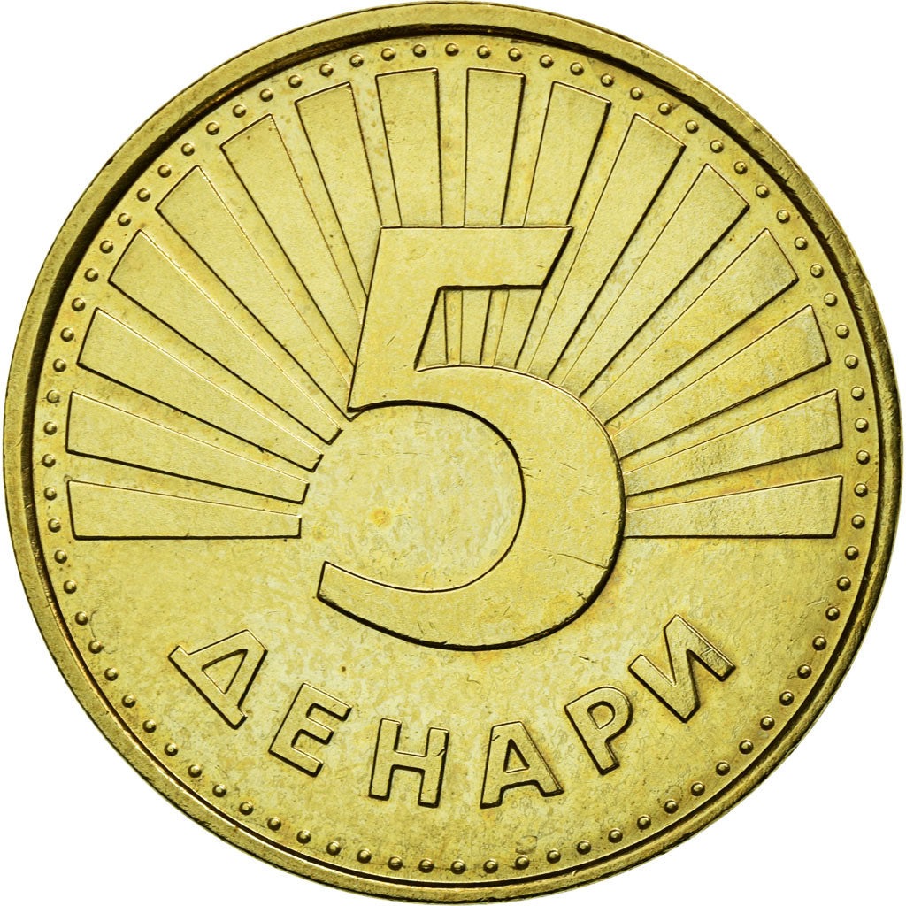 Münze, Mazedonien, 5 Denari, 1993, SS+, Messing, KM:4