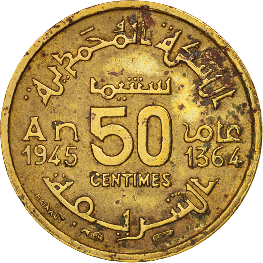 Morocco, Mohammed V, 50 Centimes, 1945, Paris, AU(50-53), Aluminum-Bronze, KM:40