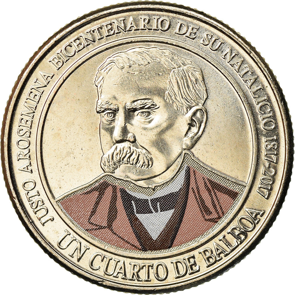 Moneda, Panamá, Justo Arosemena, 1/4 Balboa, 2017, Colorised, SC, Cobre -