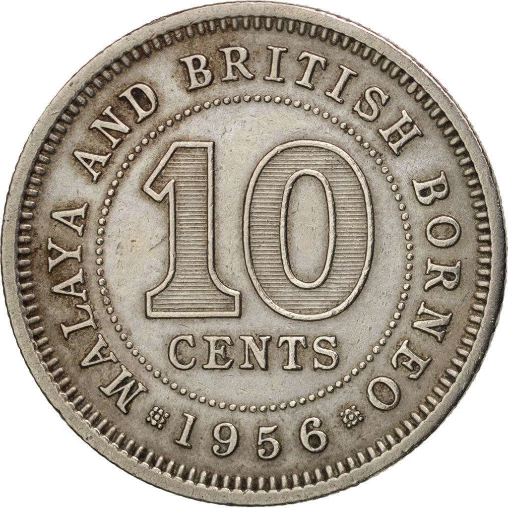 MALAYA & BRITISH BORNEO, 10 Cents, 1956, AU(50-53), Copper-nickel, KM:2