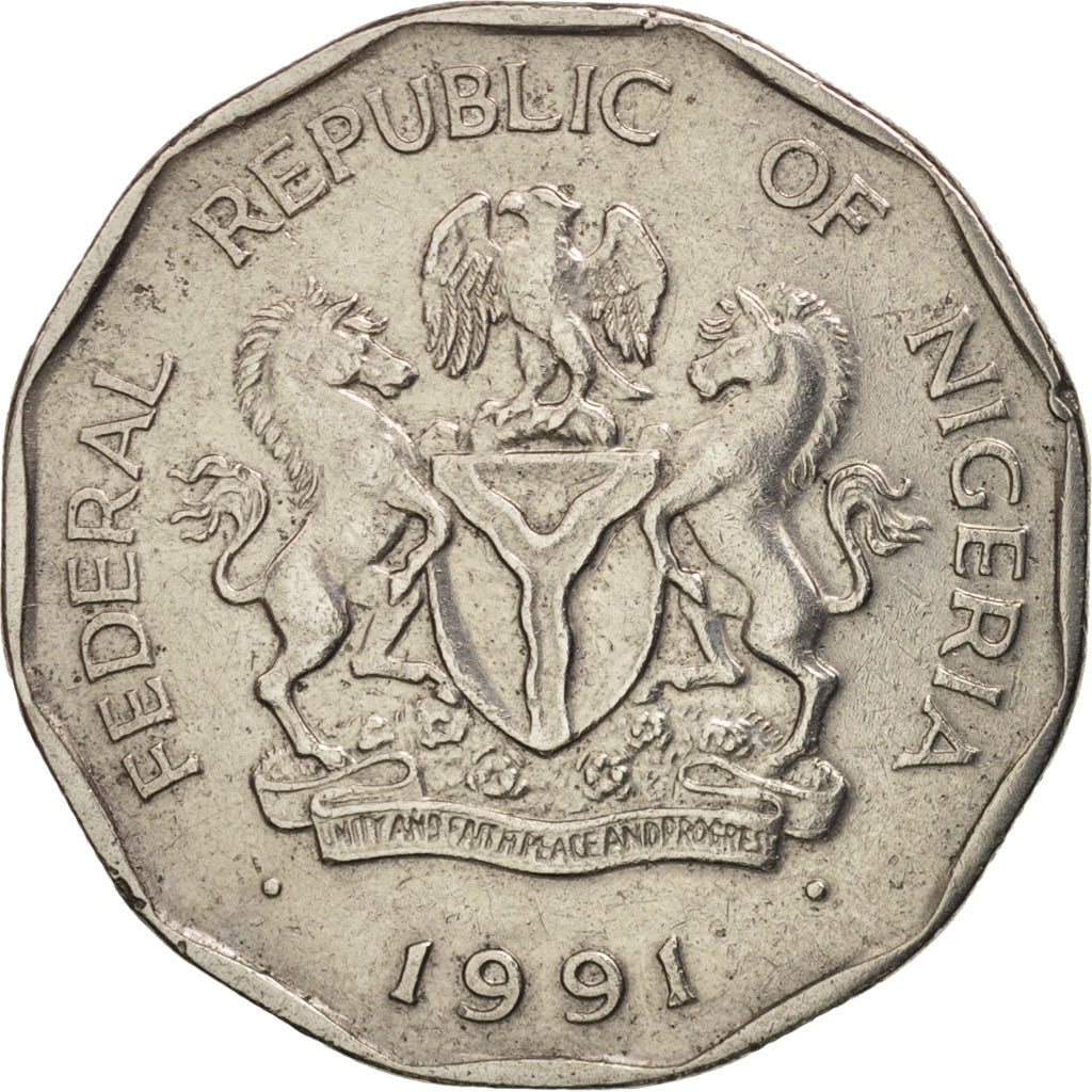 Munten, Nigeria, Elizabeth II, 50 Kobo, 1991, ZF+, Nickel plated steel, KM:13.1
