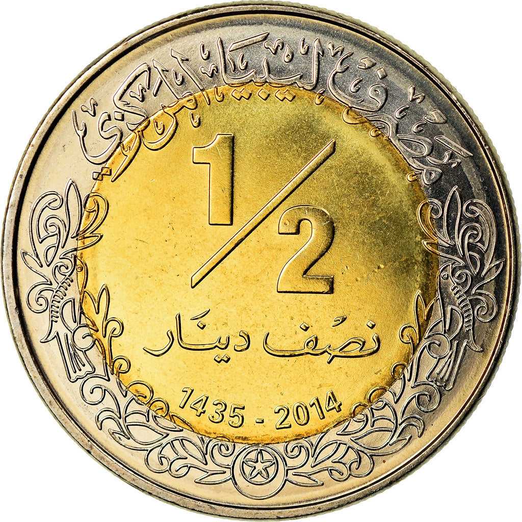 Moneta, Libia, 1/2 Dinar, 2014, MS(63), Bimetaliczny