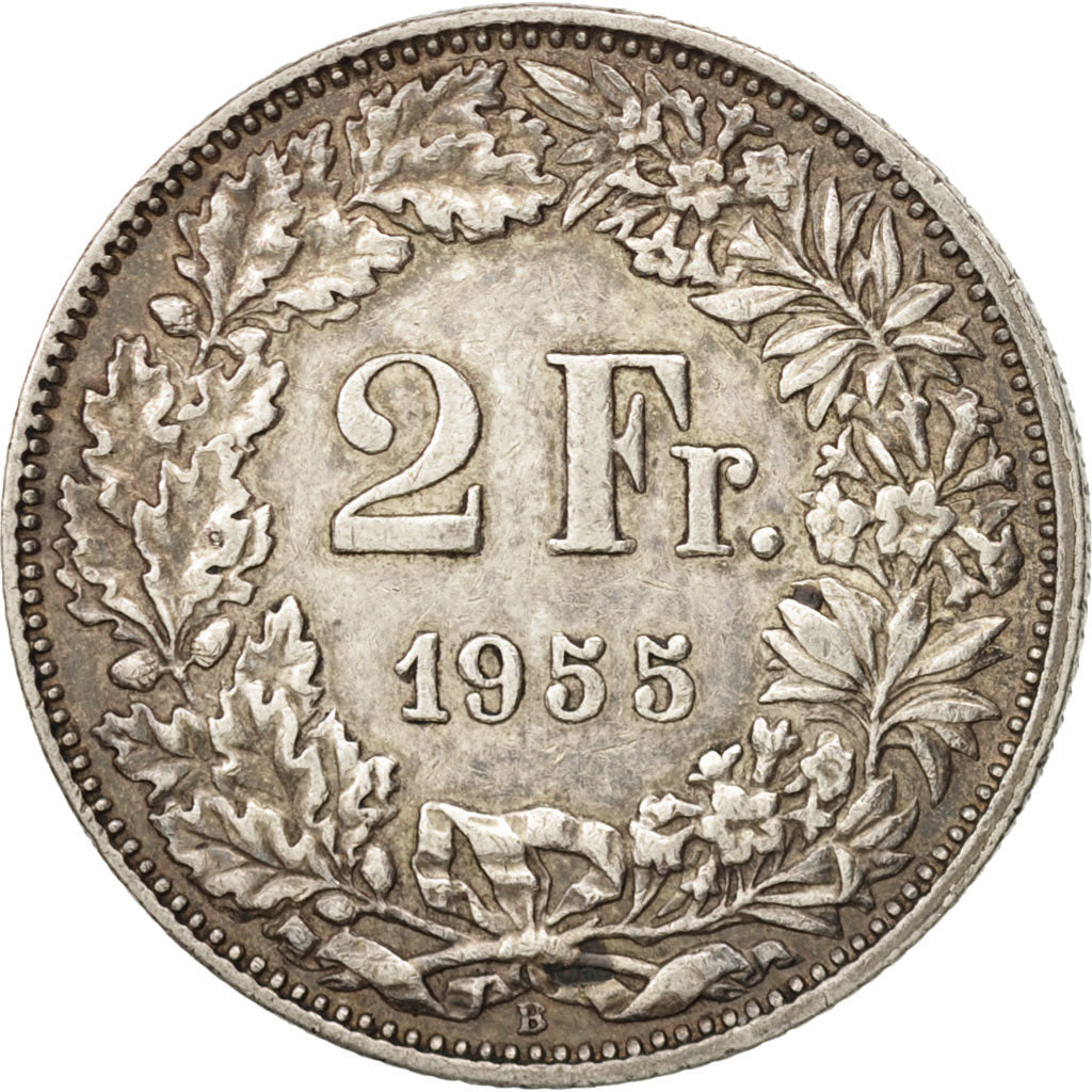 Switzerland, 2 Francs, 1955, Bern, AU(50-53), Silver, KM:21