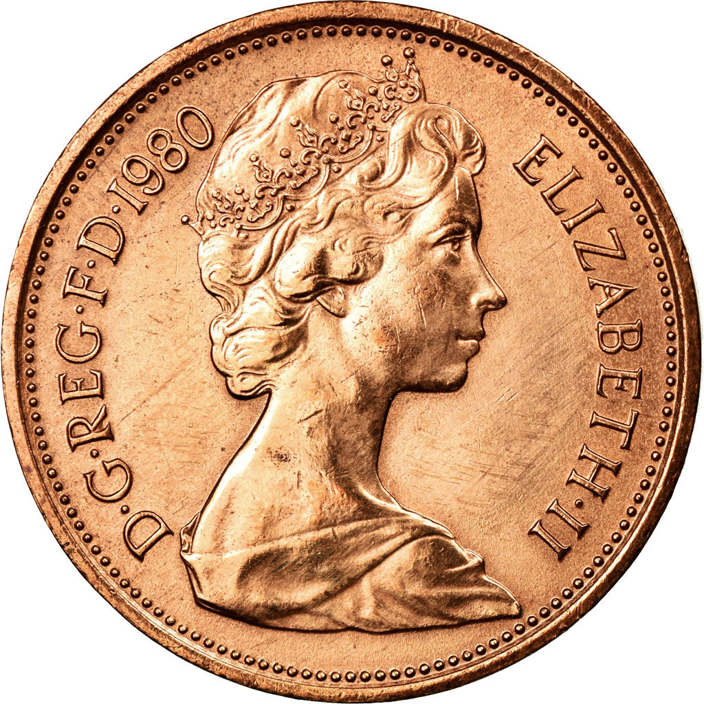 Coin, Great Britain, Elizabeth II, 2 New Pence, 1980, AU(55-58), Bronze, KM:916