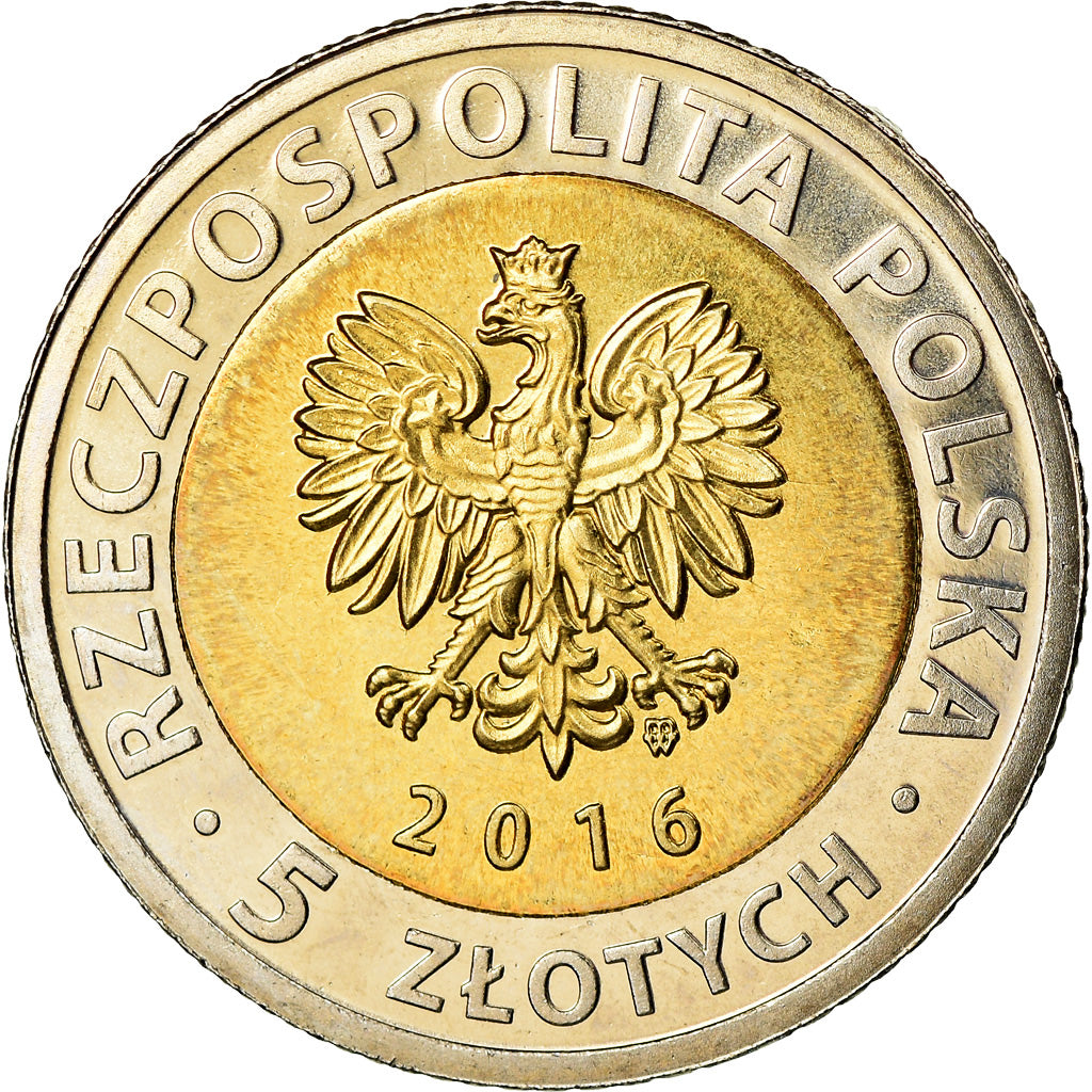 Moeda, Polónia, 5 Zlotych, 2016, Warsaw, Lodz, MS(63), Bimetálico