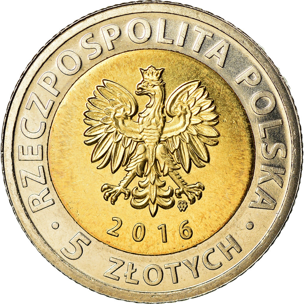 Coin, Poland, 5 Zlotych, 2016, Warsaw, Lodz, MS(63), Bi-Metallic