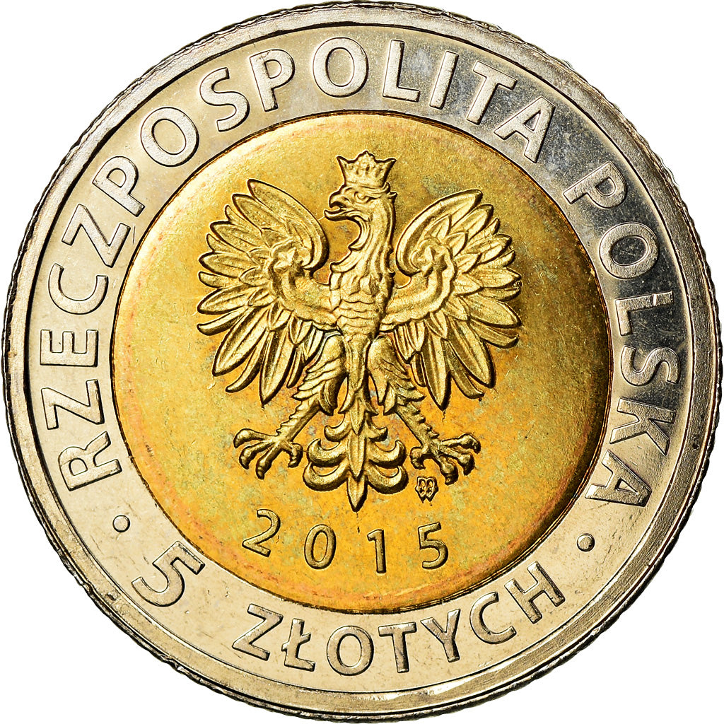 Coin, Poland, 5 Zlotych, 2015, Warsaw, Poznan, MS(63), Bi-Metallic