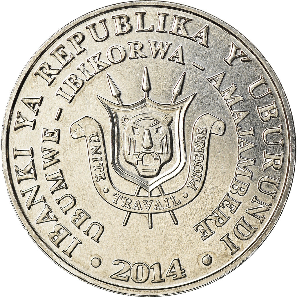 Coin, Burundi, 5 Francs, 2014, Oiseaux - Calao trompette, MS(63), Aluminum