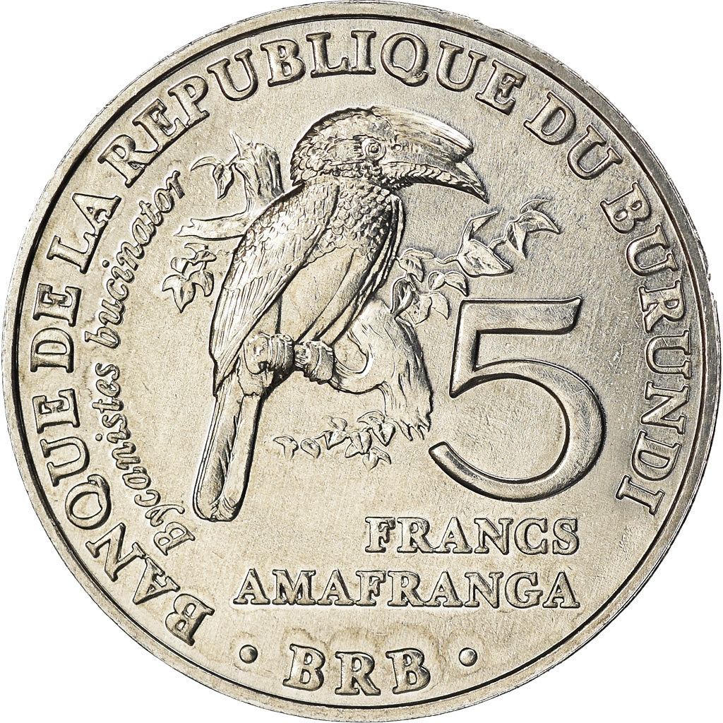 Coin, Burundi, 5 Francs, 2014, Oiseaux - Calao trompette, MS(63), Aluminum
