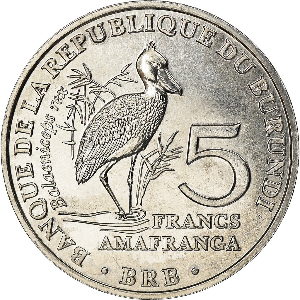 Coin, Burundi, 5 Francs, 2014, Oiseaux - Bec-en-sabot du Nil, MS(63), Aluminum