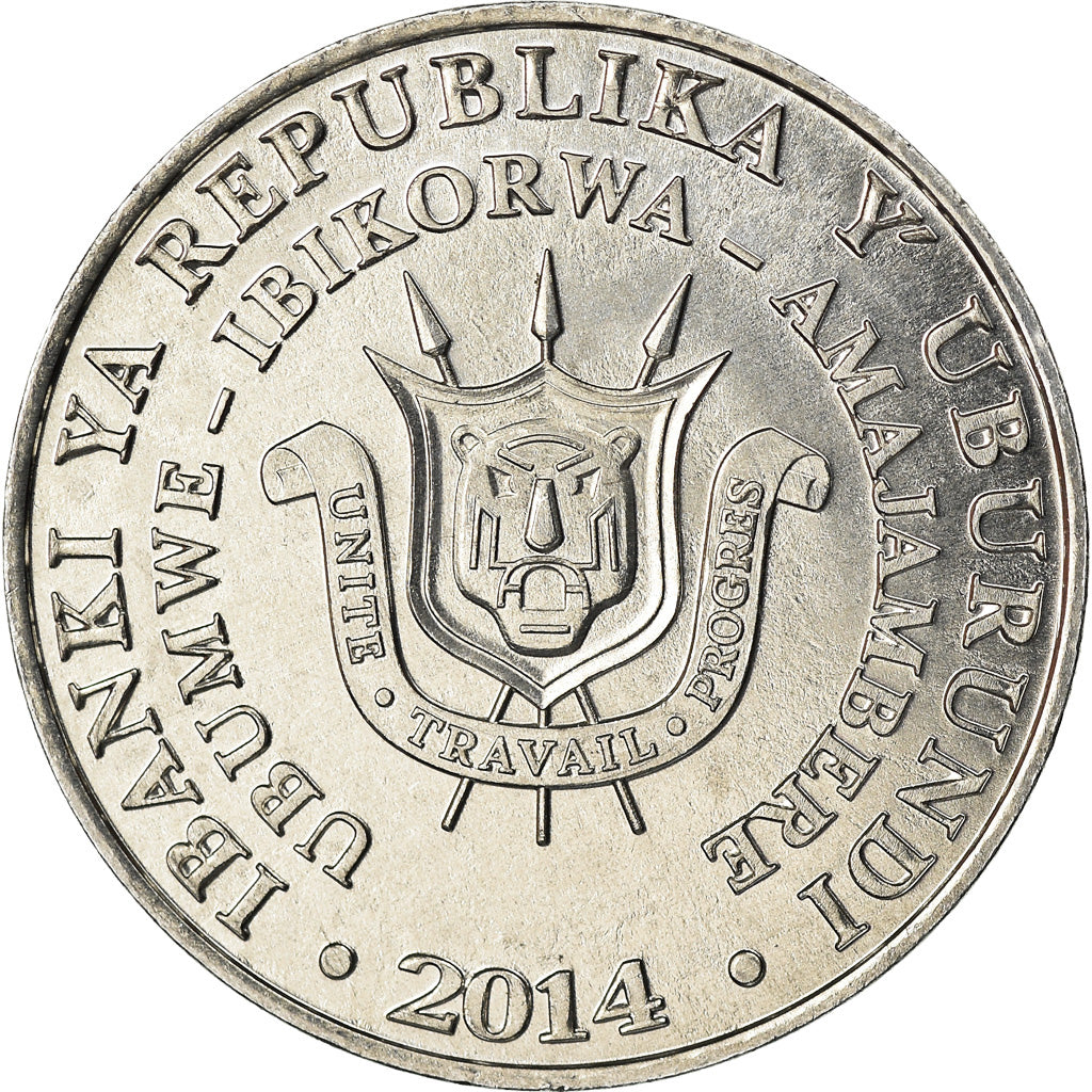 Moneda, Burundi, 5 Francs, 2014, Oiseaux - Bec-en-sabot du Nil, SC, Aluminio