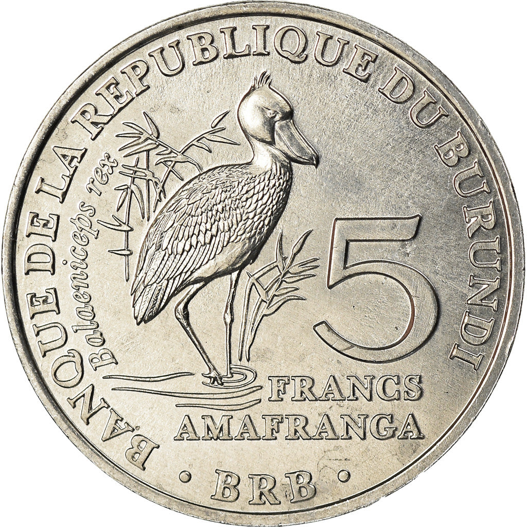 Moneda, Burundi, 5 Francs, 2014, Oiseaux - Bec-en-sabot du Nil, SC, Aluminio