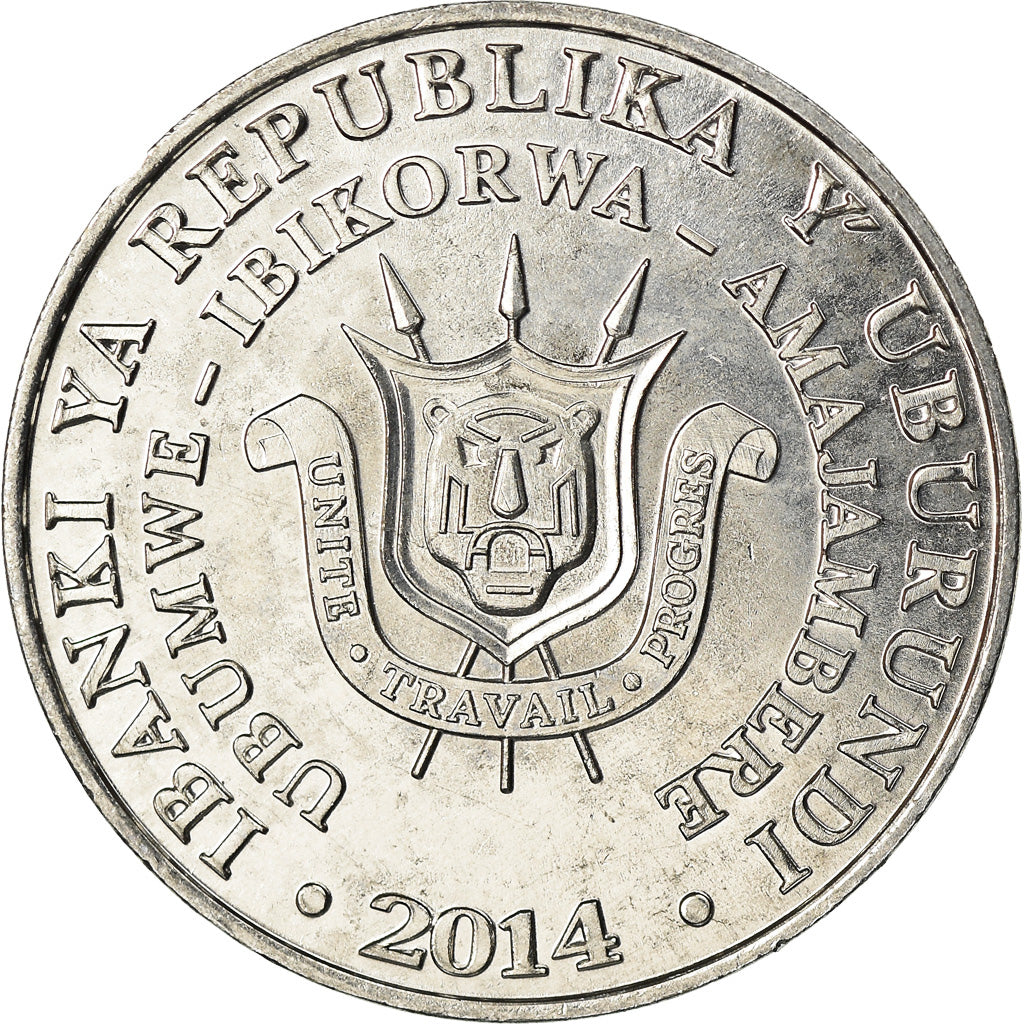 Coin, Burundi, 5 Francs, 2014, Oiseaux - Bec-en-sabot du Nil, MS(63), Aluminum
