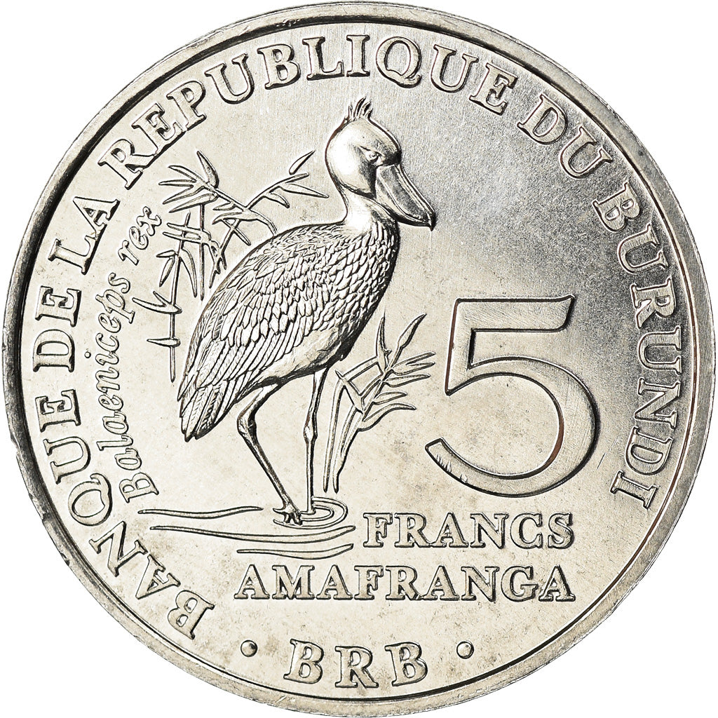 Coin, Burundi, 5 Francs, 2014, Oiseaux - Bec-en-sabot du Nil, MS(63), Aluminum