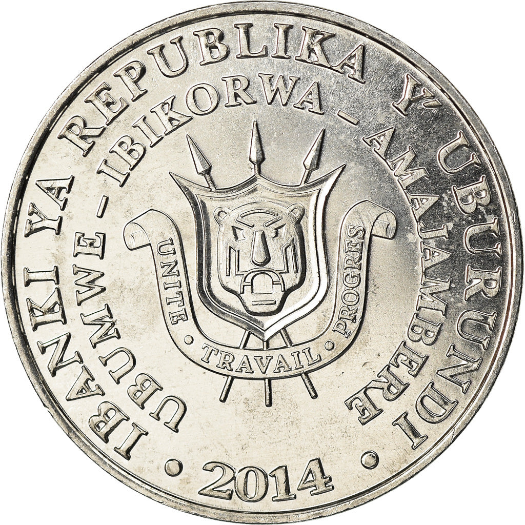 Coin, Burundi, 5 Francs, 2014, Oiseaux - Bec-en-sabot du Nil, MS(63), Aluminum