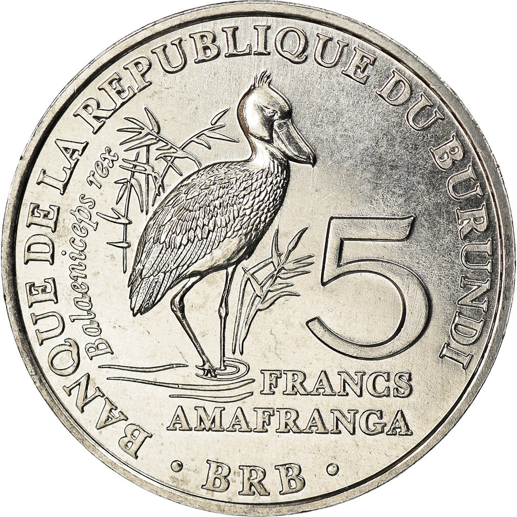 Coin, Burundi, 5 Francs, 2014, Oiseaux - Bec-en-sabot du Nil, MS(63), Aluminum
