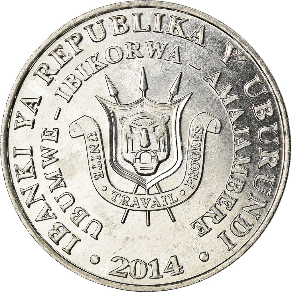 Coin, Burundi, 5 Francs, 2014, Oiseaux - Bec-en-sabot du Nil, MS(63), Aluminum