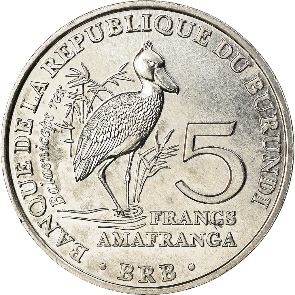 Coin, Burundi, 5 Francs, 2014, Oiseaux - Bec-en-sabot du Nil, MS(63), Aluminum